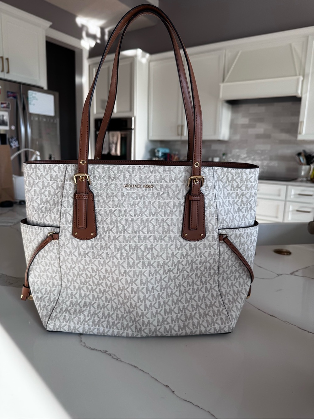 Michael Kors White MK Logo Tote with Brown Trim